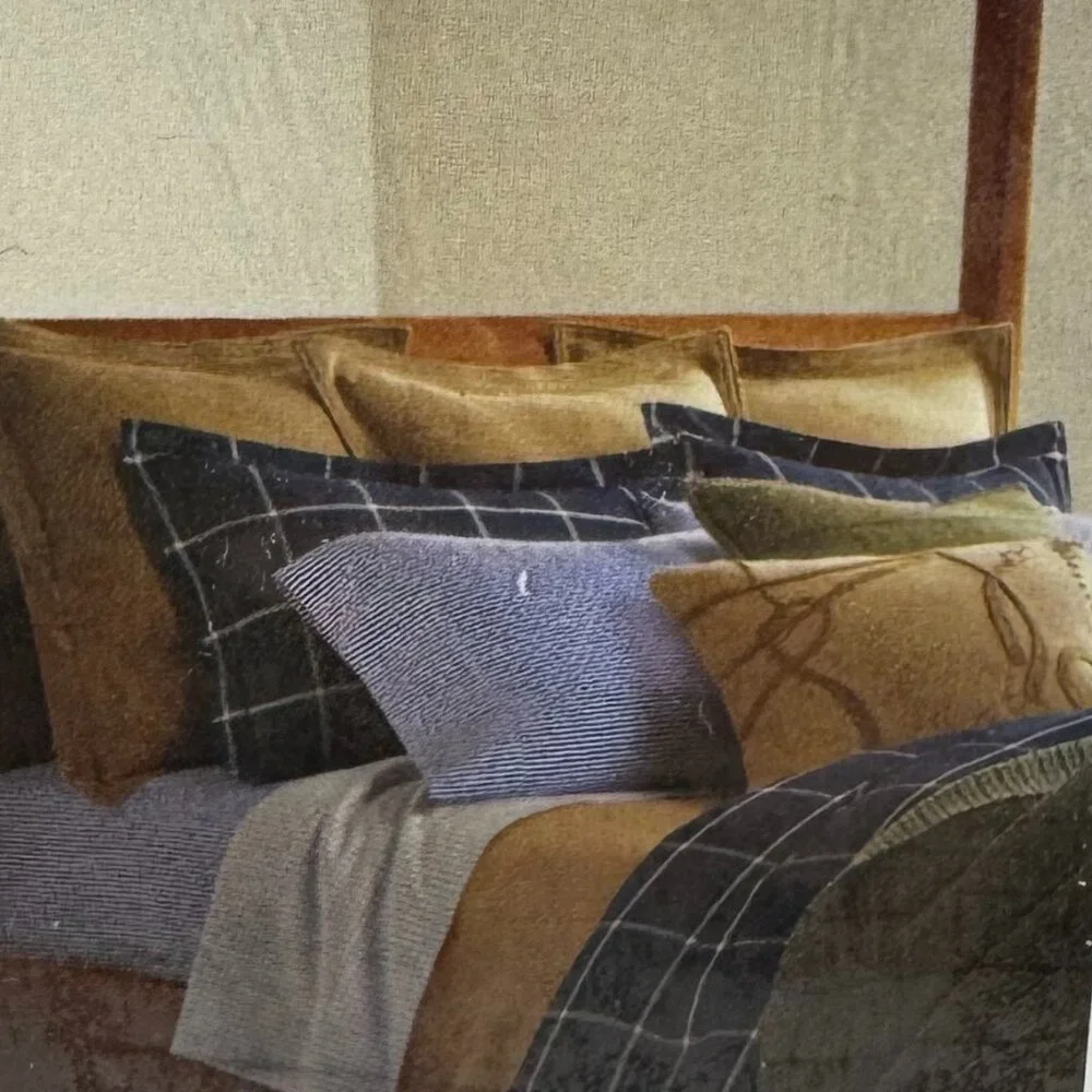 NWT Ralph Lauren Modern Equestrian Windowpane Navy/Cream King Duvet/shams set